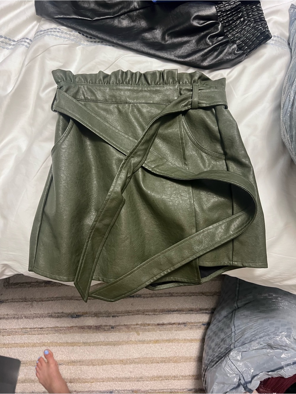 Pitaya Olive Green Faux Leather Wrap Mini Skort with Self Tie
